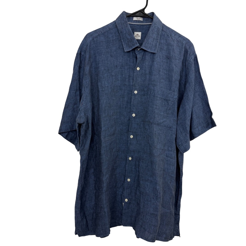 Peter Millar Shirt Mens XL Navy Blue Linen Short Sleeve Button Down MS14W60CFS